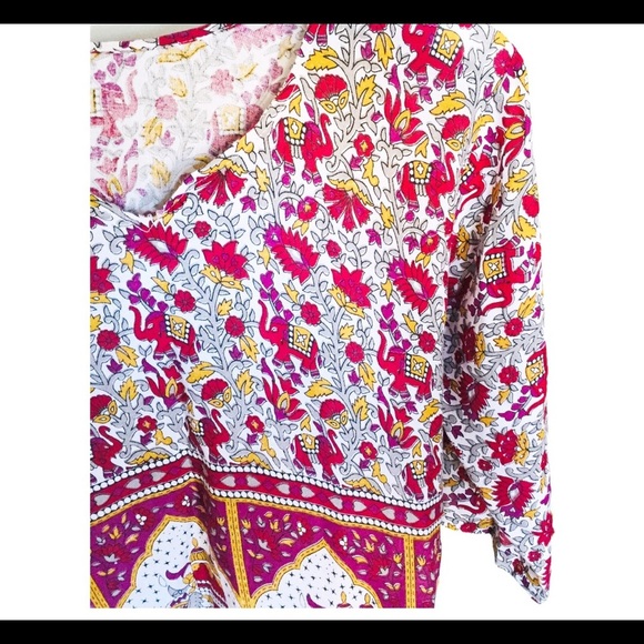 BOHO Vintage Floral Elephant TUNIC/TOP With 3/4 Length Sleeves Red/Purple Small - Picture 7 of 10